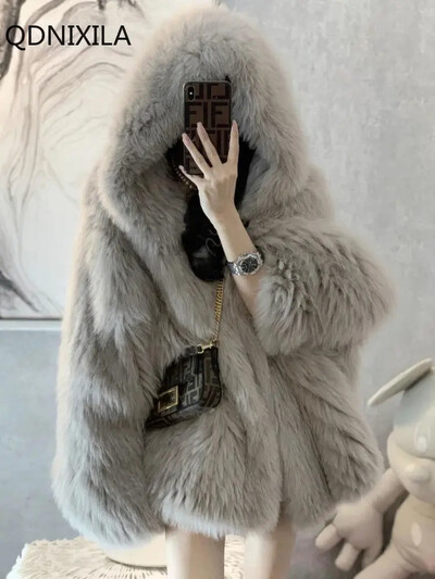 Χειμερινά μπουφάν για γυναίκες 2024 Imitation Fox Fur Coat Γυναικεία Κορεατική Έκδοση Νέα Εξωτερικά Ενδύματα Faux Fur Coat γούνινο μπουφάν με κουκούλα