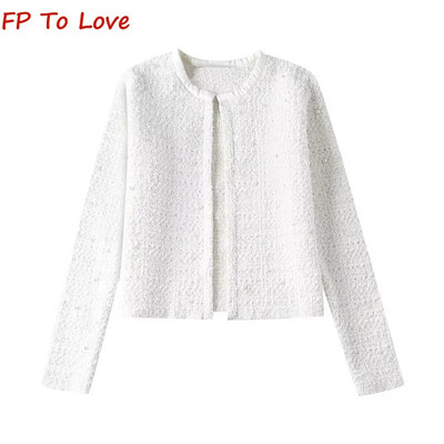 Άνοιξη 2024 Πλεκτό μπουφάν με μαργαριτάρια PB&ZA Γυναικείο λευκό στρογγυλό λαιμόκοψη κομψή ζακέτα 4331007