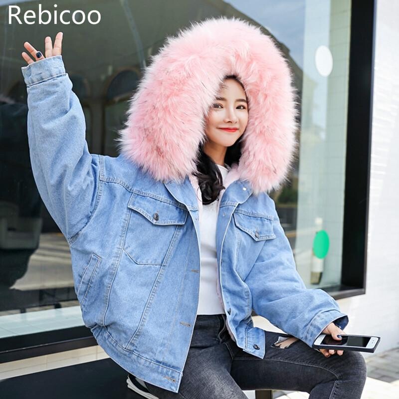 Zimska krznena traper jakna Ženska modna umjetna zečja krzna Plava jeans jakna Kaput s toplom postavom Ženska krznena kragna Oversize Outwear