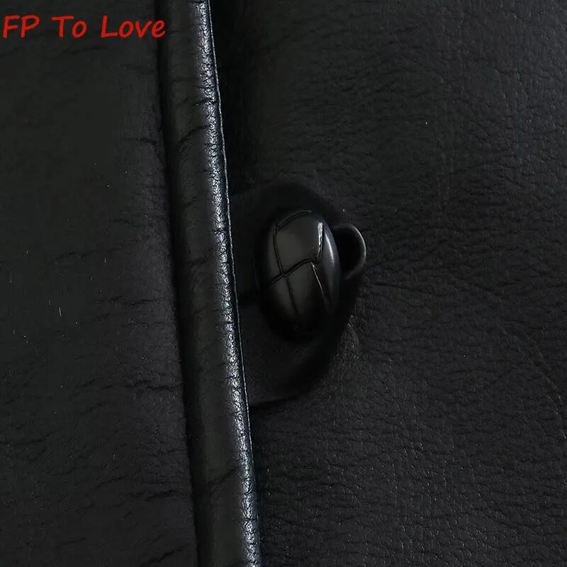 Зимно кожено двустранно яке от агнешка вълна PB&ZA Дамско черно топло яке Streetwear 8741232