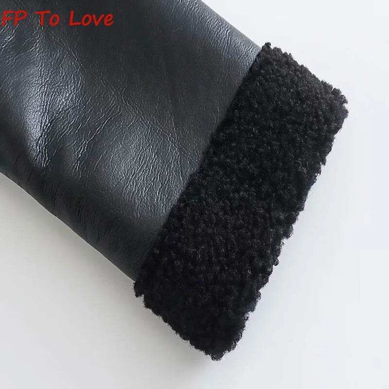 Зимно кожено двустранно яке от агнешка вълна PB&ZA Дамско черно топло яке Streetwear 8741232