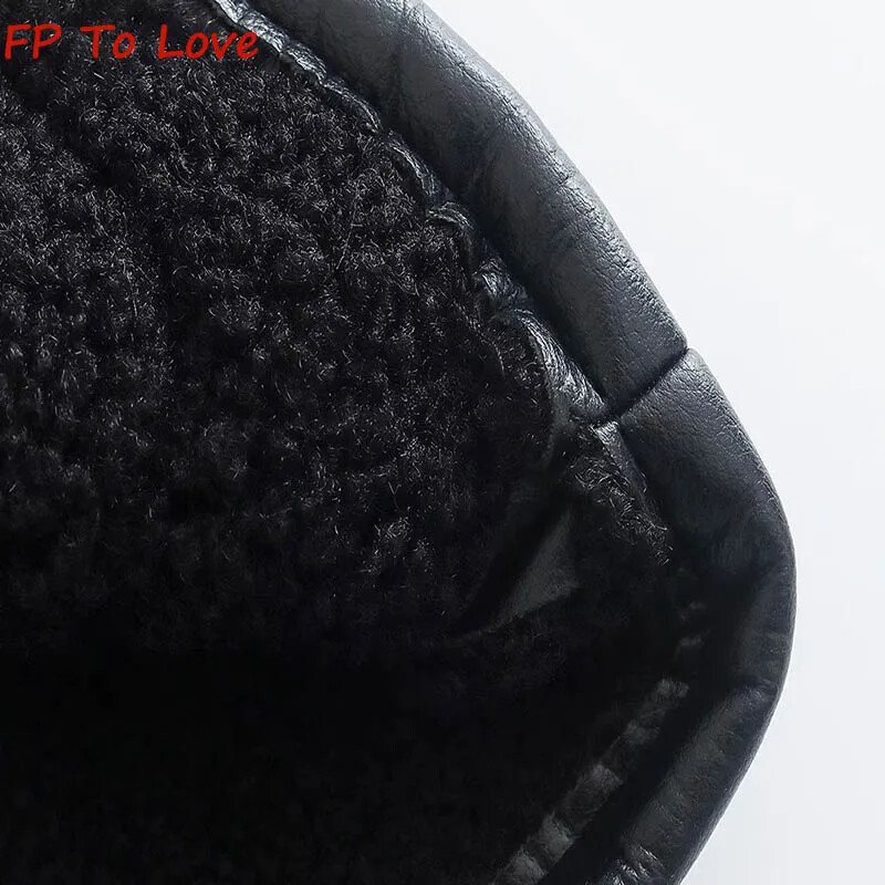 Зимно кожено двустранно яке от агнешка вълна PB&ZA Дамско черно топло яке Streetwear 8741232