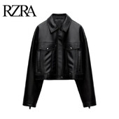 RZRA αυθεντικό δερμάτινο τζάκετ 2024 φθινόπωρο και χειμώνα νέο μαύρο πέτο μακρυμάνικο ίσιο κοντό παλτό απομίμησης δερμάτινου μπουφάν