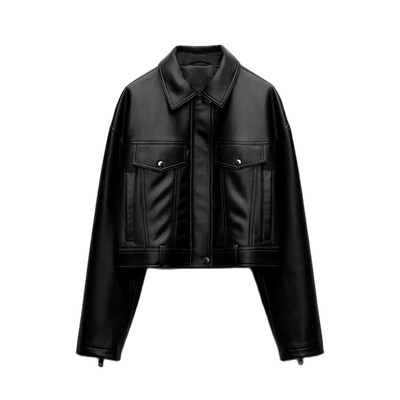 RZRA αυθεντικό δερμάτινο τζάκετ 2024 φθινόπωρο και χειμώνα νέο μαύρο πέτο μακρυμάνικο ίσιο κοντό παλτό απομίμησης δερμάτινου μπουφάν