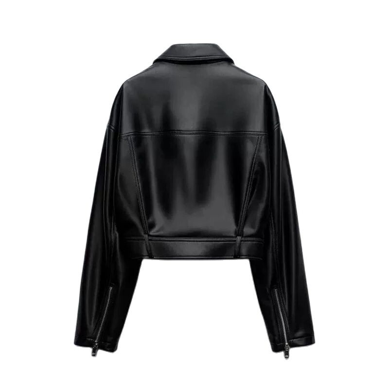 RZRA αυθεντικό δερμάτινο τζάκετ 2024 φθινόπωρο και χειμώνα νέο μαύρο πέτο μακρυμάνικο ίσιο κοντό παλτό απομίμησης δερμάτινου μπουφάν