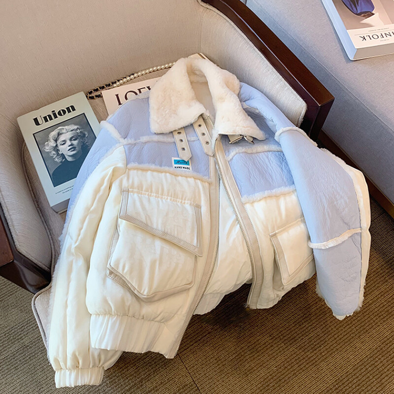 Prošivena ležerna jakna od janjeće vune Ženski kaput Jesen Zima Jakna podstavljena pamukom Topla parka Gornja bunda s kontrastnim prošivom