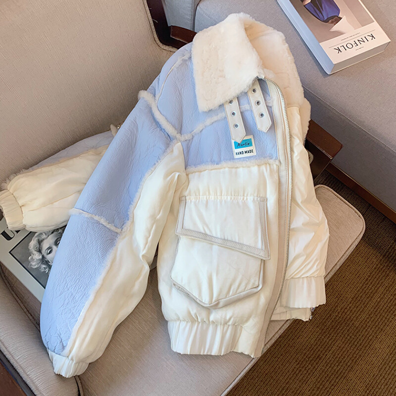 Prošivena ležerna jakna od janjeće vune Ženski kaput Jesen Zima Jakna podstavljena pamukom Topla parka Gornja bunda s kontrastnim prošivom