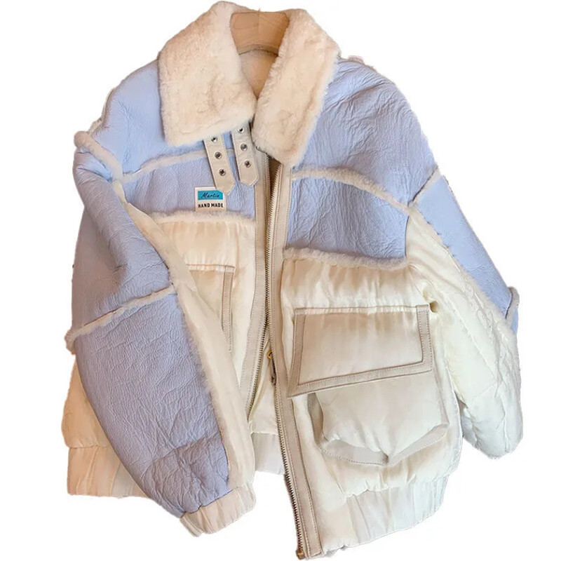 Prošivena ležerna jakna od janjeće vune Ženski kaput Jesen Zima Jakna podstavljena pamukom Topla parka Gornja bunda s kontrastnim prošivom