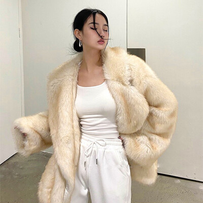 Prevelika pahuljasta krznena bunda na rever Ženska zimska topla jednobojna jakna od umjetnog krzna Dugačka luksuzna marka Široka odjeća za zabave Modna odjeća