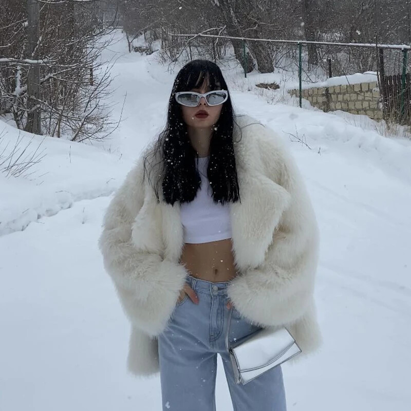 Prevelika pahuljasta krznena bunda na rever Ženska zimska topla jednobojna jakna od umjetnog krzna Dugačka luksuzna marka Široka odjeća za zabave Modna odjeća