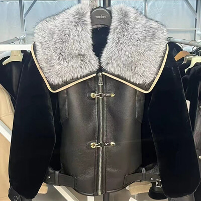 2024 Μπουφάν για Γυναικεία Χειμερινά Παλτό Μάλλινα Παλτό και Μείγματα Γούνινο Γυναικείο Μαύρο Χακί Ζεστό και πολυτελές κοντό μπουφάν από δέρμα προβάτου