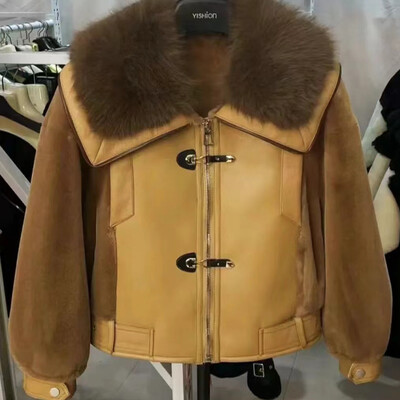 2024 Μπουφάν για Γυναικεία Χειμερινά Παλτό Μάλλινα Παλτό και Μείγματα Γούνινο Γυναικείο Μαύρο Χακί Ζεστό και πολυτελές κοντό μπουφάν από δέρμα προβάτου