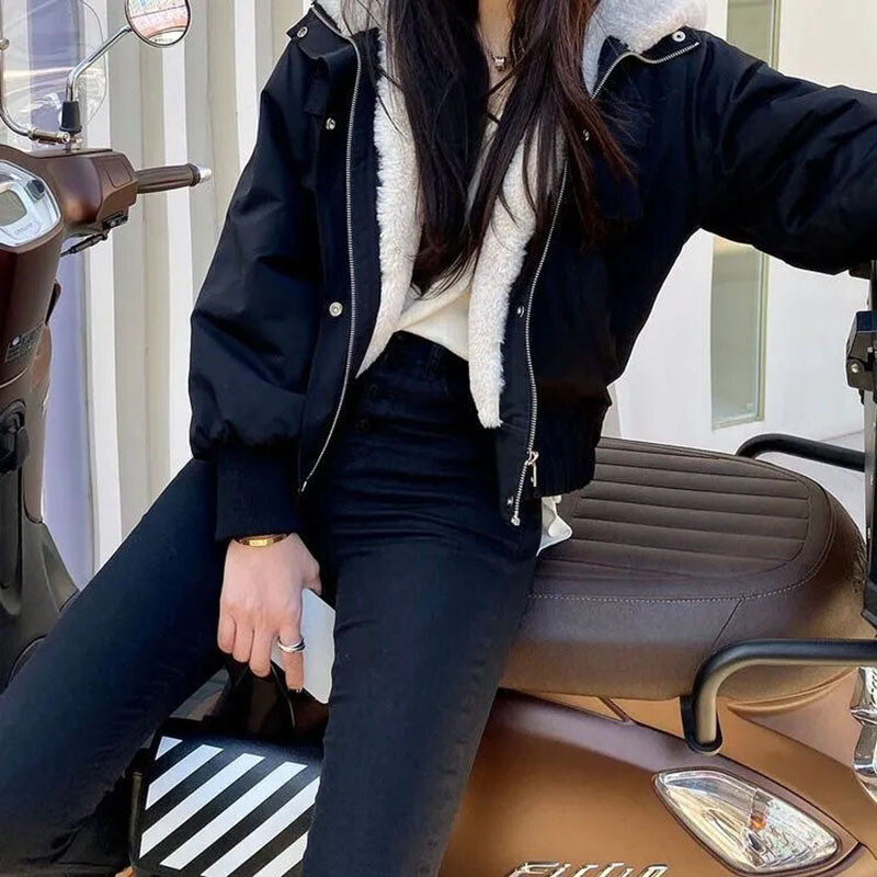 Lucyever naiste fliisist talvejoped Korea lahtised pikkade varrukatega kapuutsiga lühike parkmantel Naiste 2023. aasta uus šikk, soe plush välisriietus