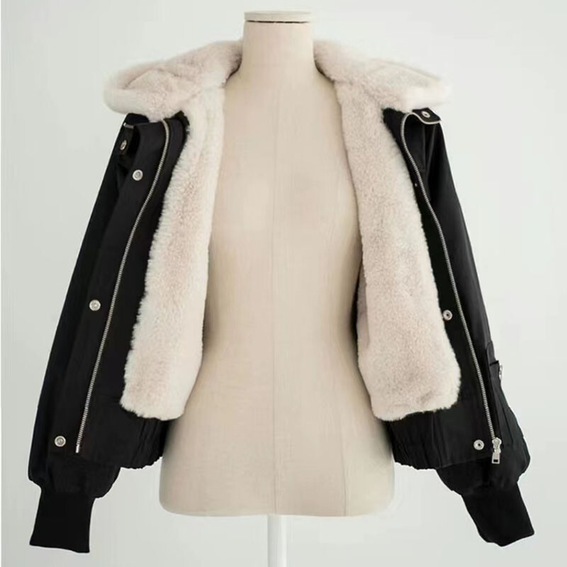 Lucyever naiste fliisist talvejoped Korea lahtised pikkade varrukatega kapuutsiga lühike parkmantel Naiste 2023. aasta uus šikk, soe plush välisriietus