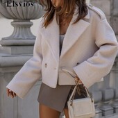 Uus 2024. aasta moodne karvane paksusega välisrõivad, sügistalvine daam, allapoole krae, villased mantlid, elegantsed naiste nööpidega kontorijakid