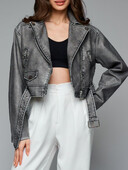 Ailegogo Пролет Есен Дамско реколта Свободно яке от Pu изкуствена кожа Streetwear Дамско ретро палто с колан с цип Горно облекло