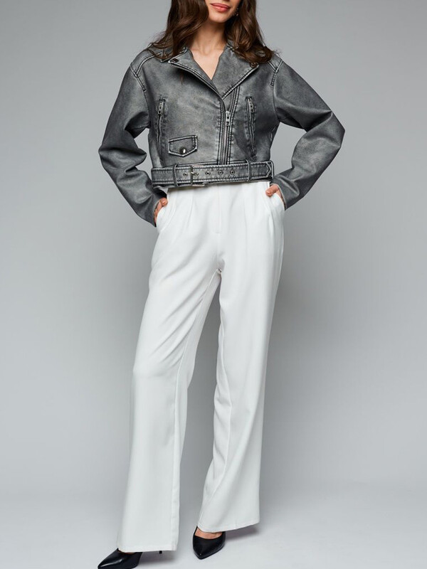 Ailegogo Пролет Есен Дамско реколта Свободно яке от Pu изкуствена кожа Streetwear Дамско ретро палто с колан с цип Горно облекло