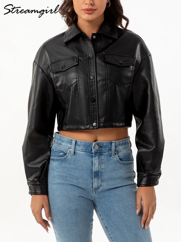 Jesenska kožna jakna Ženska skraćena modna prevelika kaputi Bež PU kožna dugmad Široka gornja odjeća Ženska kratka jakna 2024.