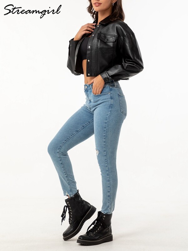 Jesenska kožna jakna Ženska skraćena modna prevelika kaputi Bež PU kožna dugmad Široka gornja odjeća Ženska kratka jakna 2024.