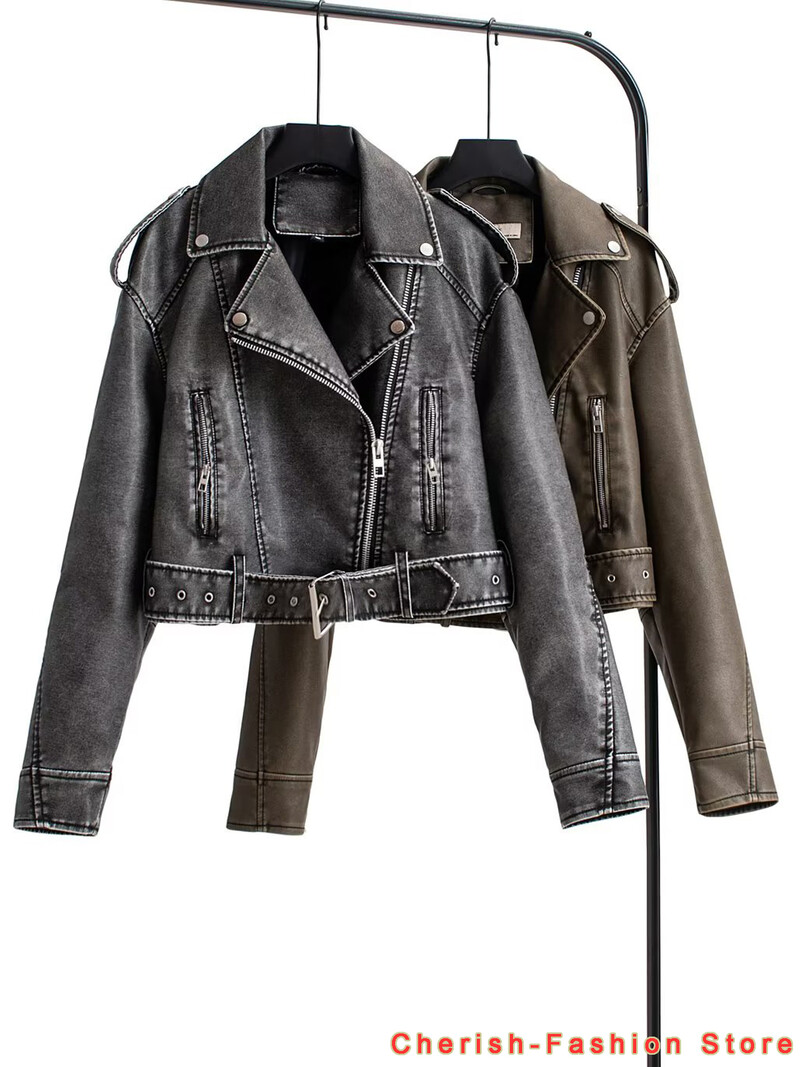 2023 нови есенни дамски винтидж бомбардировач, изпрани якета от PU изкуствена кожа, дамски градиентни ципове, мотоциклетисти, сиво кожено яке, късо