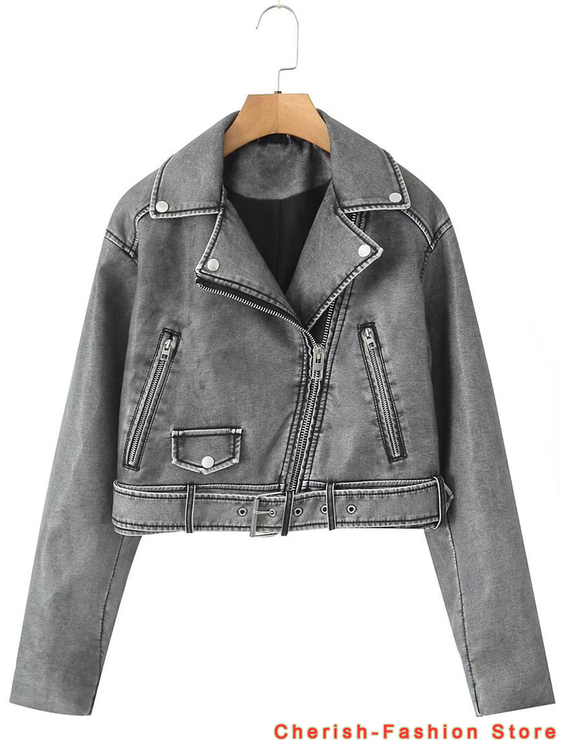 2023 нови есенни дамски винтидж бомбардировач, изпрани якета от PU изкуствена кожа, дамски градиентни ципове, мотоциклетисти, сиво кожено яке, късо