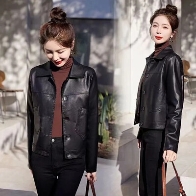 Modni ženski uski kožni kaput u jesen i zimu, kratki, ležerni jednobojni, jednoredno kopčanje, usko žensko odijelo s kragnom Gornja odjeća