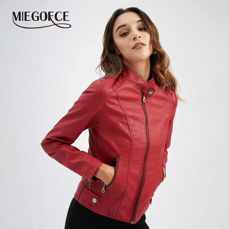 MIEGOFCE 2024 Ženski jesenski kožni kaput, uski tanki parka s patentnim zatvaračem, motociklistička jakna s stojećim ovratnikom N767