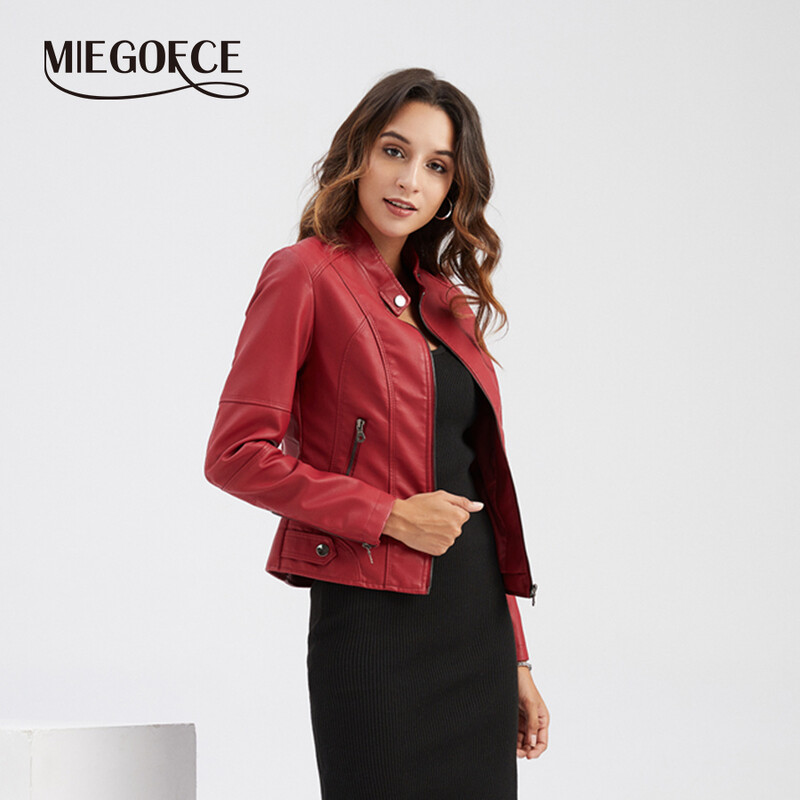 MIEGOFCE 2024 Ženski jesenski kožni kaput, uski tanki parka s patentnim zatvaračem, motociklistička jakna s stojećim ovratnikom N767
