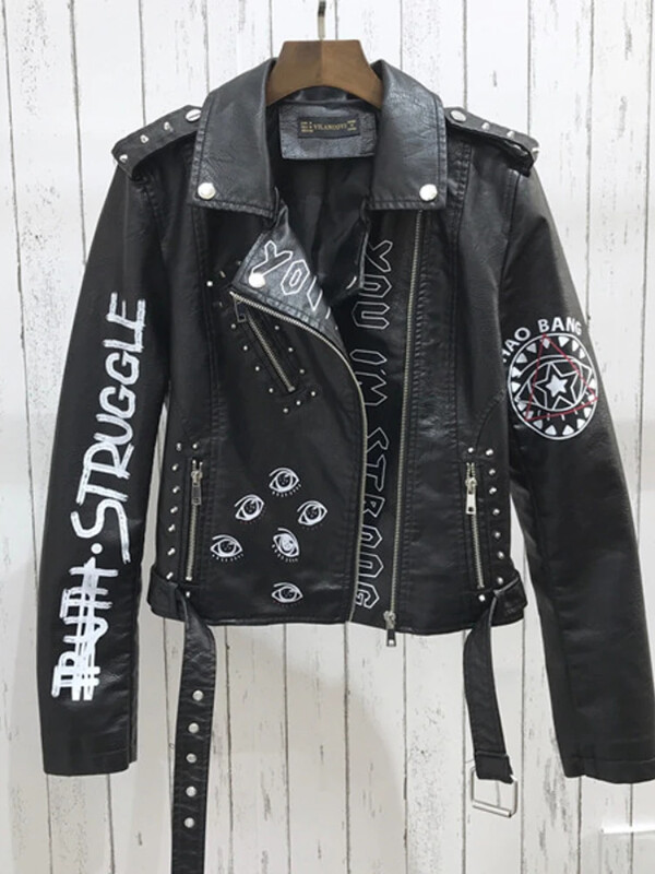 Ženska motociklistička jakna od umjetne kože Proljetna ulična odjeća Bikerski kožni kaput s printom grafita Ženska gornja odjeća s patentnim zatvaračem na rever