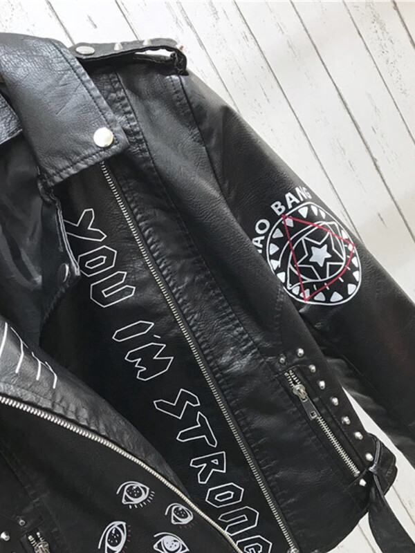 Ženska motociklistička jakna od umjetne kože Proljetna ulična odjeća Bikerski kožni kaput s printom grafita Ženska gornja odjeća s patentnim zatvaračem na rever