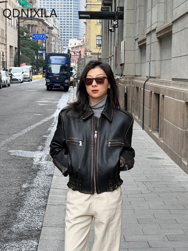 Napredne jakne od imitacije ovčje kože za žene proljeće 2024. Nova motoristička jakna u retro vintage stilu Kožna jakna Ženski kaput