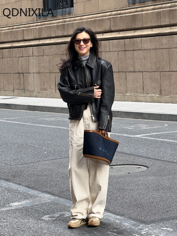 Napredne jakne od imitacije ovčje kože za žene proljeće 2024. Nova motoristička jakna u retro vintage stilu Kožna jakna Ženski kaput