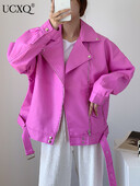 UCXQ Oranž Tõmblukk Lahtine Pu Nahkjakk Tänavarõivad Lapp pikkade varrukatega Naiste mantel Mood Tide Sügis Talv 2023 SM4037