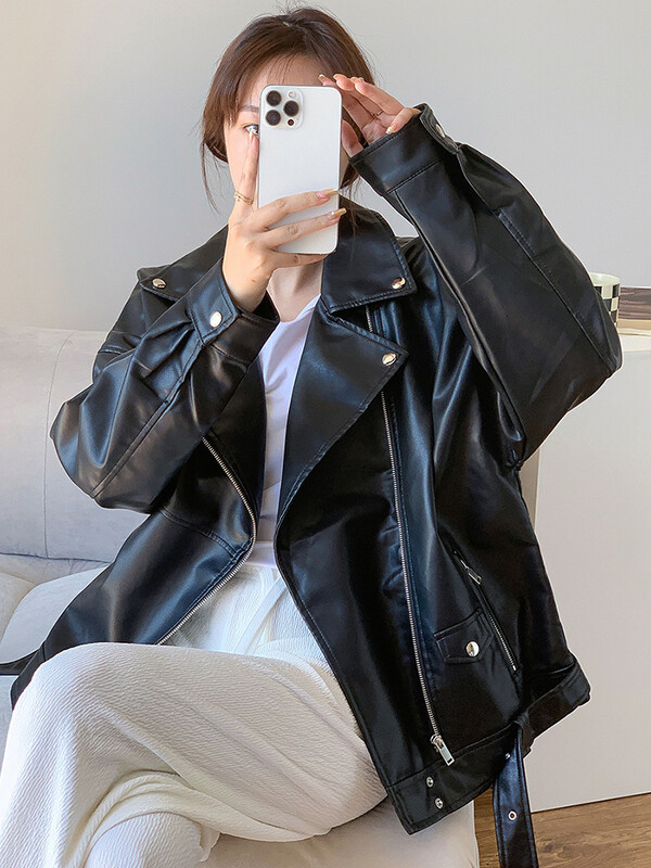 UCXQ Oranž Tõmblukk Lahtine Pu Nahkjakk Tänavarõivad Lapp pikkade varrukatega Naiste mantel Mood Tide Sügis Talv 2023 SM4037 