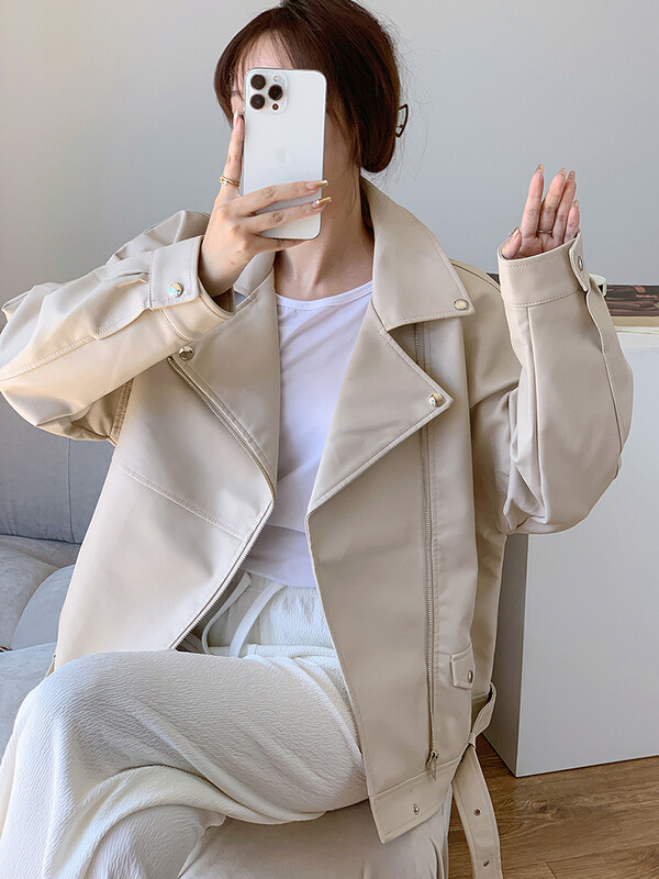 UCXQ Oranž Tõmblukk Lahtine Pu Nahkjakk Tänavarõivad Lapp pikkade varrukatega Naiste mantel Mood Tide Sügis Talv 2023 SM4037 