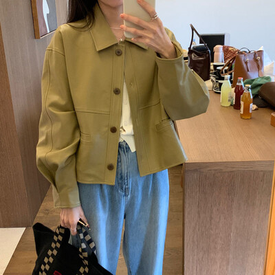 Κορεατική τάση της μόδας Cropped δερμάτινο μπουφάν Γυναικείο High Street Μαύρο πανκ PU παλτό Streetwear Λεπτά vintage casual δερμάτινα σακάκια