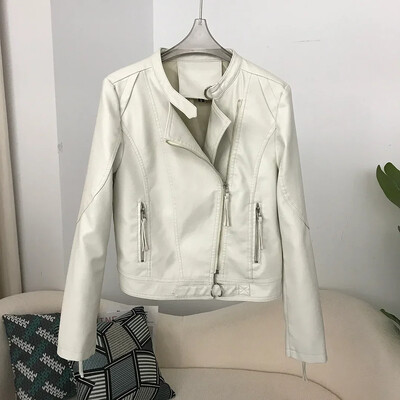 2024 Mootorratta nahkjakk Kevadine uus stiil Slim Fit mitmekülgne aluskrae Väike nahktagi Naiste lühike jope Tõmblukud