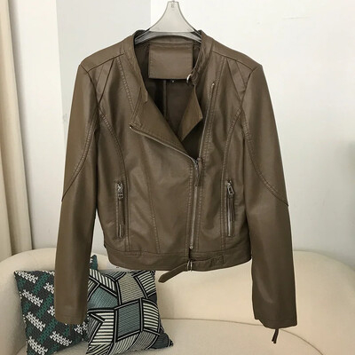 2024 Mootorratta nahkjakk Kevadine uus stiil Slim Fit mitmekülgne aluskrae Väike nahktagi Naiste lühike jope Tõmblukud