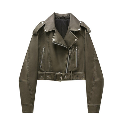 Chaqueta de cuero lavado con cinturón para mujer, abrigo corto con cremallera degradada y cuello vuelto Vintage, chaqueta elegan