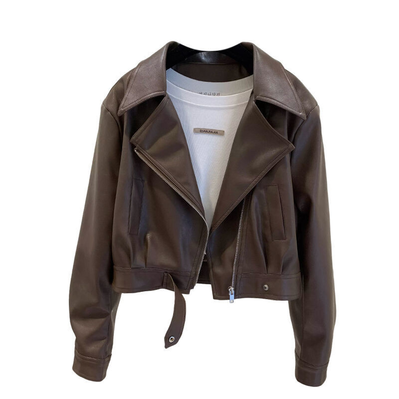 Motociklistička kožna jakna Ženska ulična odjeća na vezanje, patentni zatvarač Harajuku kožni kaput, dugi rukavi, kratke majice Gornja odjeća u korejskom stilu