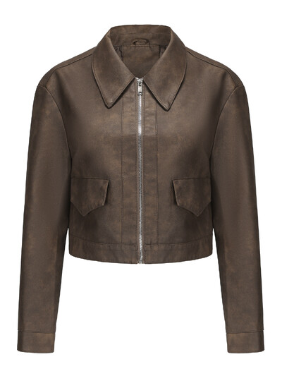 Ανοιξιάτικο και Φθινόπωρο Νέο Λεπτό Κοντό Γυναικείο Μπουφάν από Συνθετικό Δερμάτινο Γιακά Μακρυμάνικο Casual Γυναικείο Παλτό Μόδα PU Μπουφάν