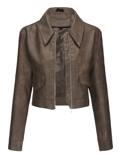 Ανοιξιάτικο και Φθινόπωρο Νέο Λεπτό Κοντό Γυναικείο Μπουφάν από Συνθετικό Δερμάτινο Γιακά Μακρυμάνικο Casual Γυναικείο Παλτό Μόδα PU Μπουφάν