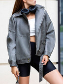 Ailegogo Streetwear Γυναικεία Φαρδιά ρετρό γκρι δερμάτινο τζάκετ Άνοιξη Φθινόπωρο Γυναικείο παλτό με φερμουάρ ζώνη Moto Biker Outwear