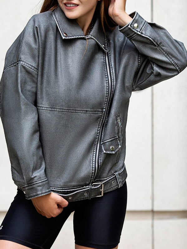 Ailegogo Streetwear Ženska široka retro siva jakna od umjetne kože Proljeće Jesen Ženski kaput s patentnim zatvaračem Moto Biker Outwear