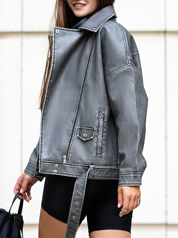 Ailegogo Streetwear Ženska široka retro siva jakna od umjetne kože Proljeće Jesen Ženski kaput s patentnim zatvaračem Moto Biker Outwear