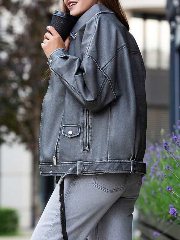 Ailegogo Streetwear Ženska široka retro siva jakna od umjetne kože Proljeće Jesen Ženski kaput s patentnim zatvaračem Moto Biker Outwear