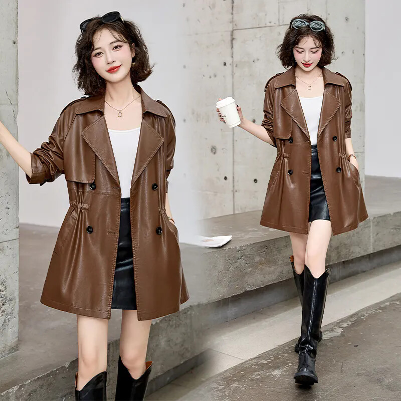 2024. Novi ženski kožni trenč kaput proljeće jesen modni dizajn s dvostrukim kopčanjem jednobojni uski kaputi PU kožni sakoi