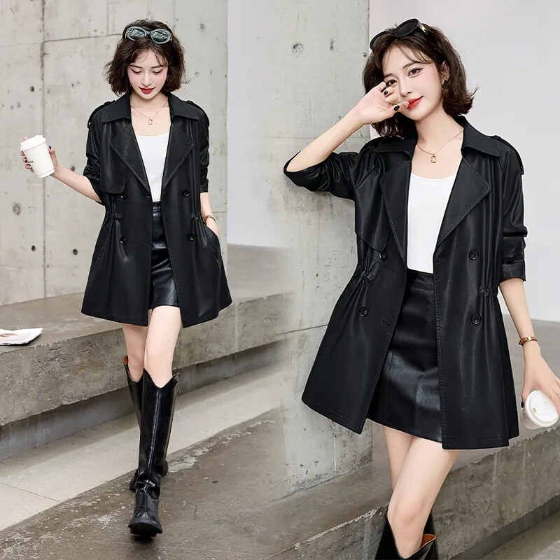2024. Novi ženski kožni trenč kaput proljeće jesen modni dizajn s dvostrukim kopčanjem jednobojni uski kaputi PU kožni sakoi