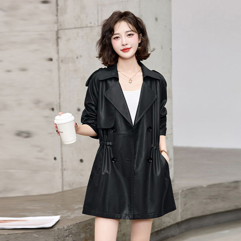 2024. Novi ženski kožni trenč kaput proljeće jesen modni dizajn s dvostrukim kopčanjem jednobojni uski kaputi PU kožni sakoi