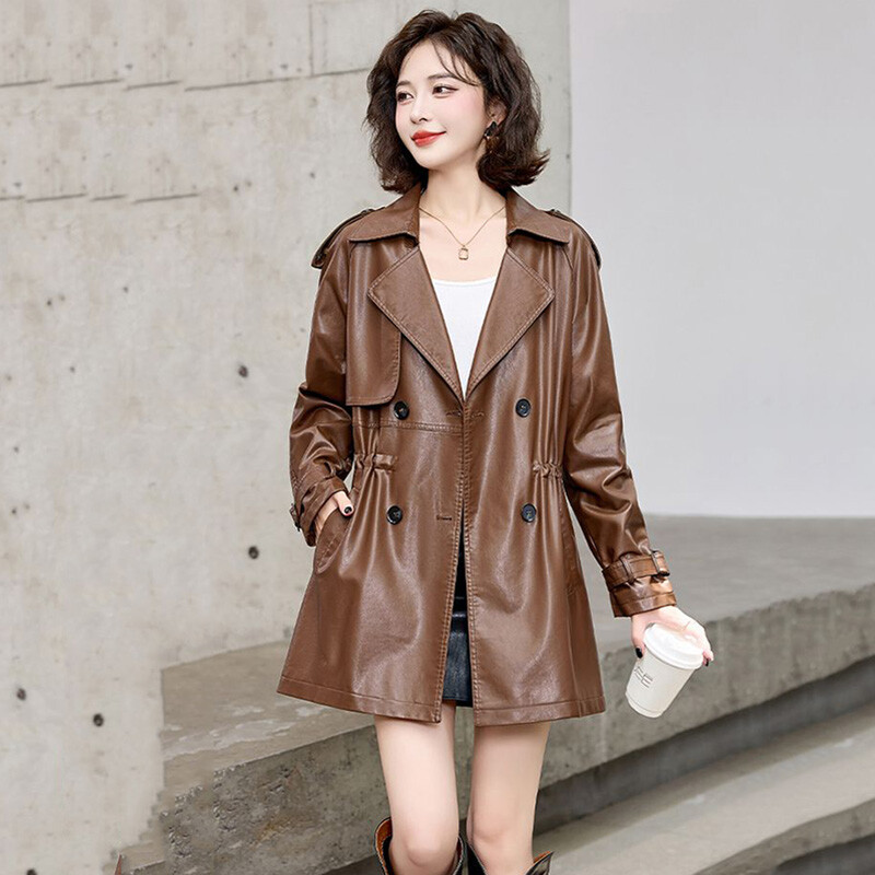 2024. Novi ženski kožni trenč kaput proljeće jesen modni dizajn s dvostrukim kopčanjem jednobojni uski kaputi PU kožni sakoi